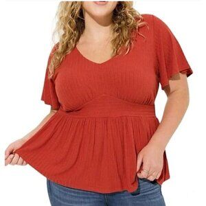 TORRID Pointelle Rib V-Neck Babydoll Top Blouse Bell Sleeve SZ 0/L Tie Back